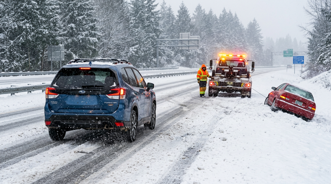 A blue SUV drives past a tow truck pulling a red car from a snowy ditch on a highway during a snowstorm. (Representative image for illustration purposes only. Actual vehicle may vary based on trim and configuration.)