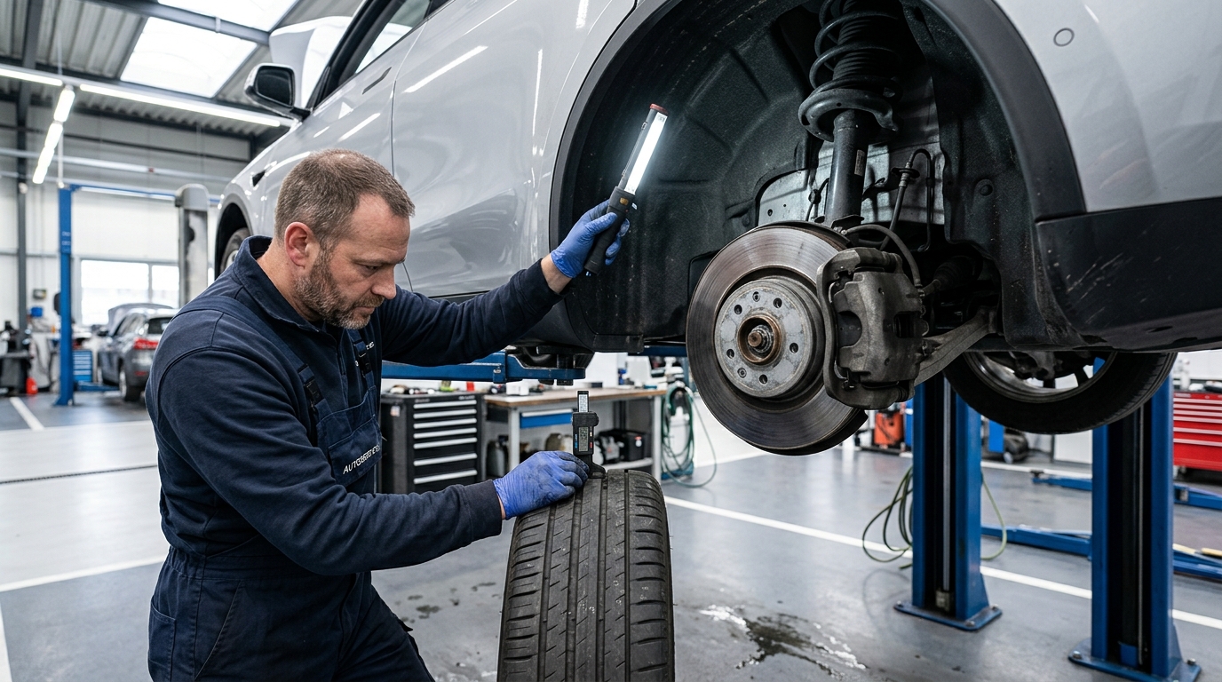 Mechanic using an inspection light on car brakes while measuring tire tread depth in an auto repair shop. (Representative image for illustration purposes only. Actual vehicle may vary based on trim and configuration.)