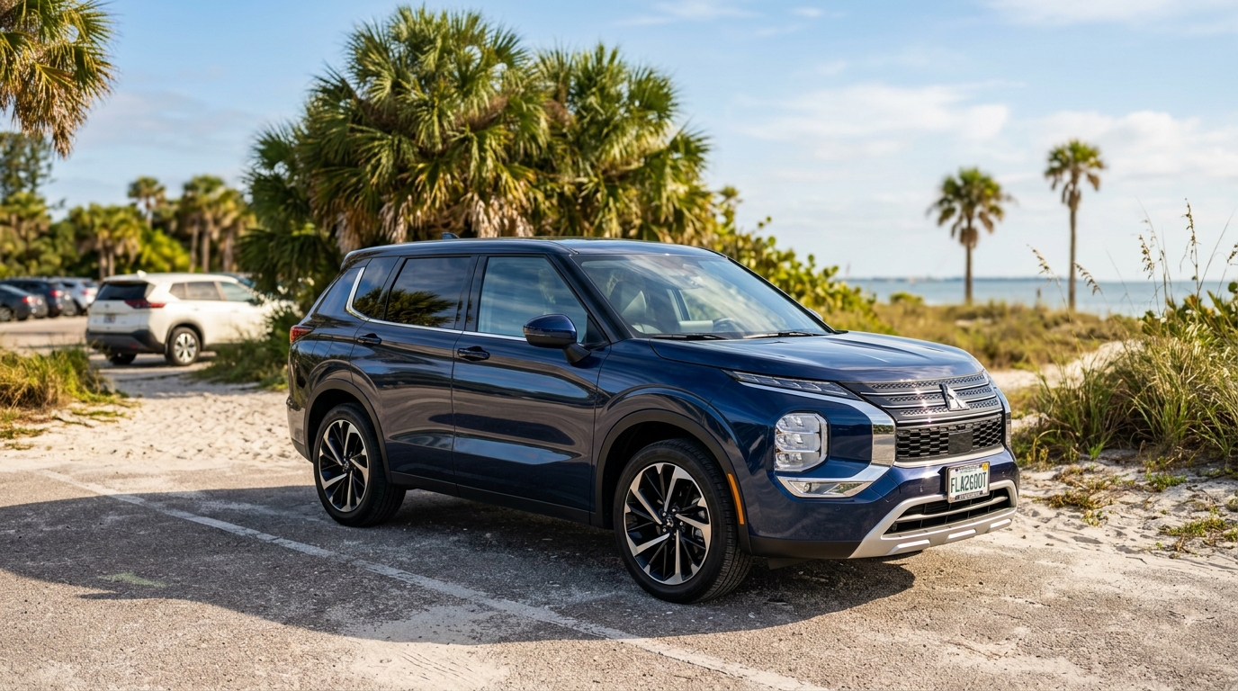 A dark blue Mitsubishi Outlander parked in a sandy beachside parking lot near palm trees. (Representative image for illustration purposes only. Actual vehicle may vary based on trim and configuration.)