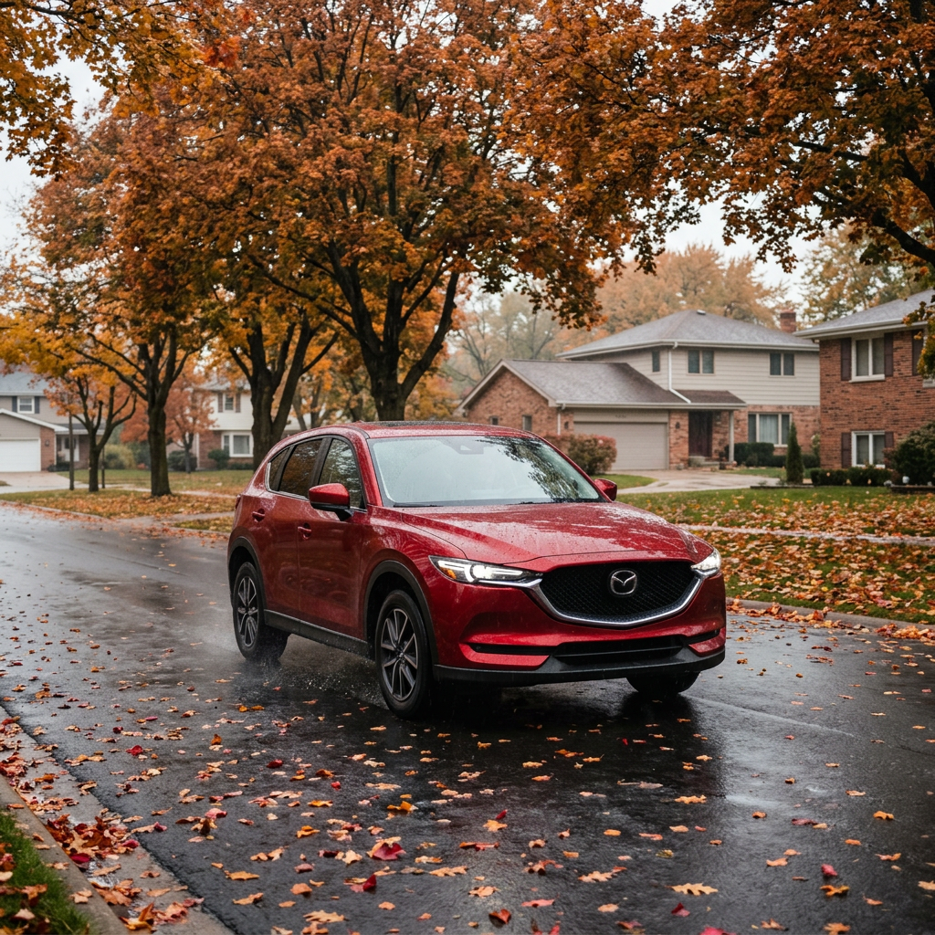 Red Mazda SUV driving on a wet suburban street covered in autumn leaves. (Representative image for illustration purposes only. Actual vehicle may vary based on trim and configuration.)