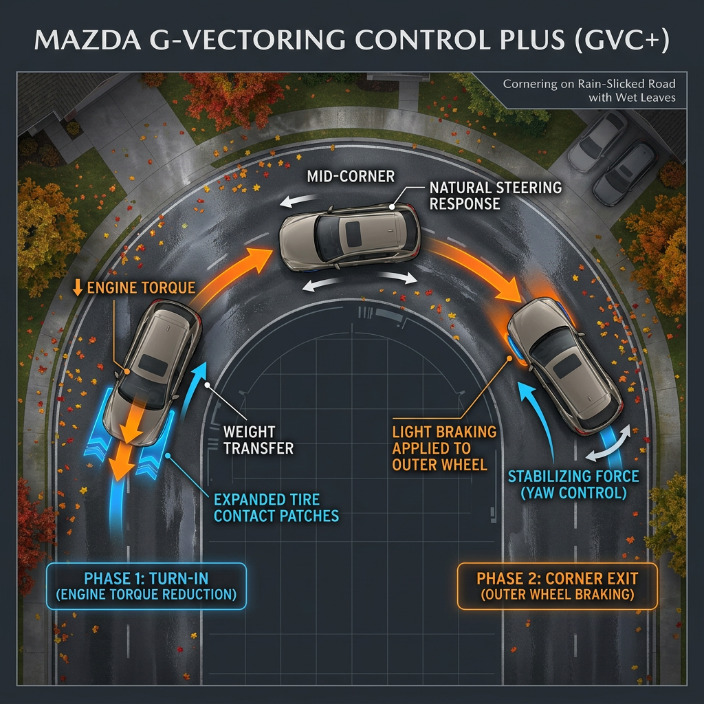 Infographic showing how Mazda G-Vectoring Control Plus manages vehicle weight transfer and braking during cornering. (Representative image for illustration purposes only. Actual vehicle may vary based on trim and configuration.)