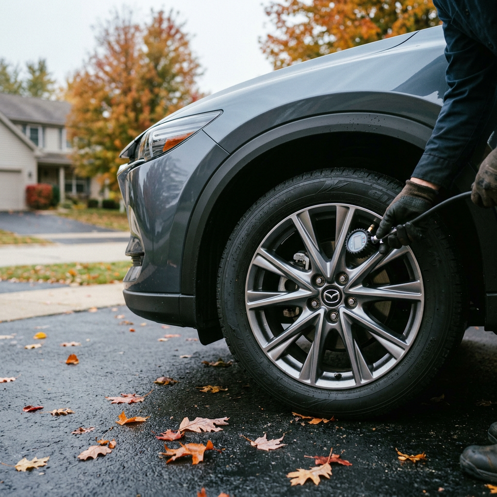 A person using a tire gauge to check the air pressure on a grey Mazda car parked on a leaf-strewn driveway. (Representative image for illustration purposes only. Actual vehicle may vary based on trim and configuration.)
