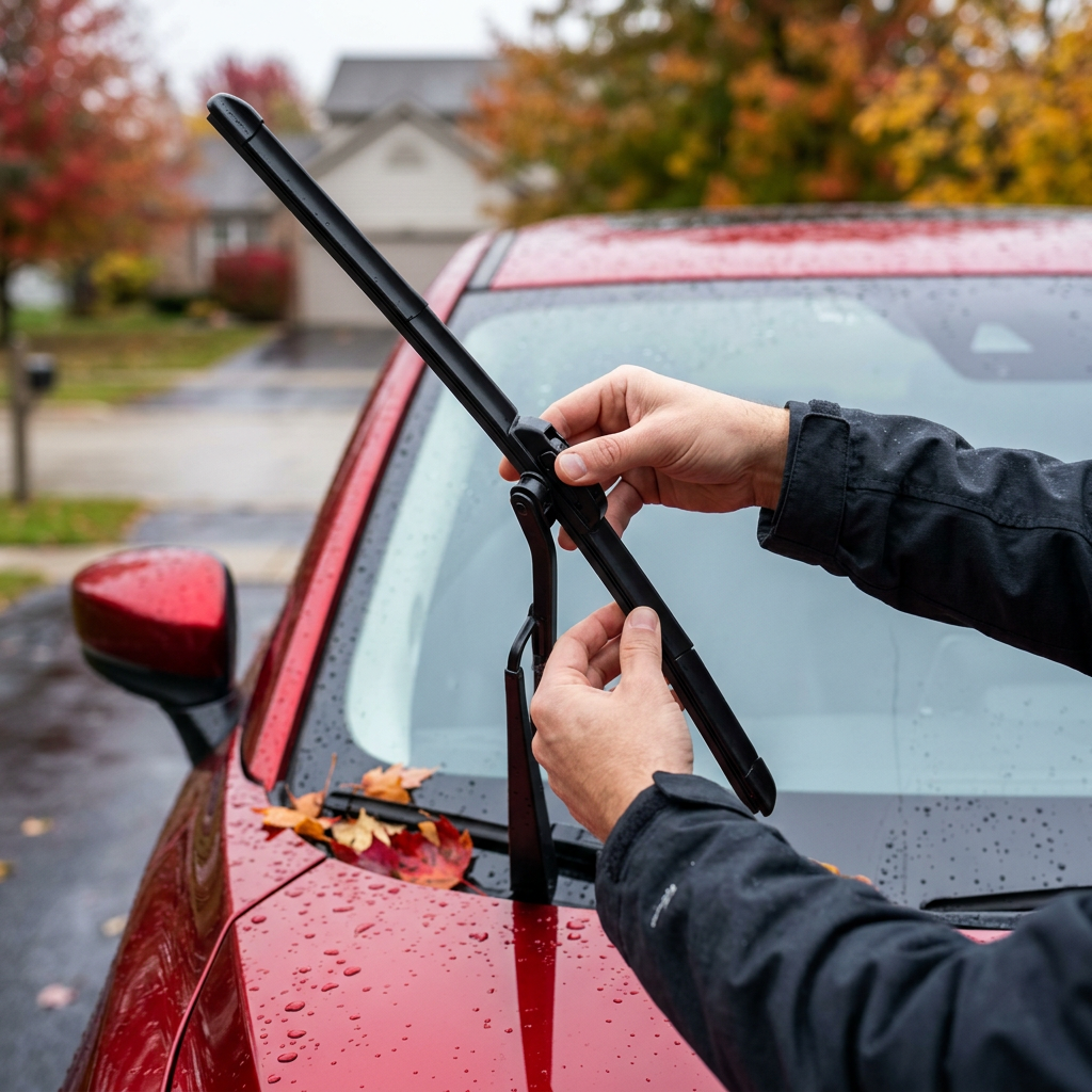 Hands attaching a new windshield wiper blade to a red car on a rainy autumn day. (Representative image for illustration purposes only. Actual vehicle may vary based on trim and configuration.)