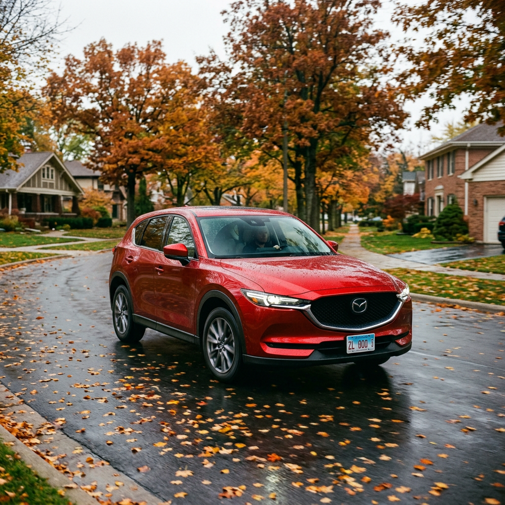 Red Mazda CX-5 driving on a wet suburban road lined with colorful autumn trees and fallen leaves. (Representative image for illustration purposes only. Actual vehicle may vary based on trim and configuration.)