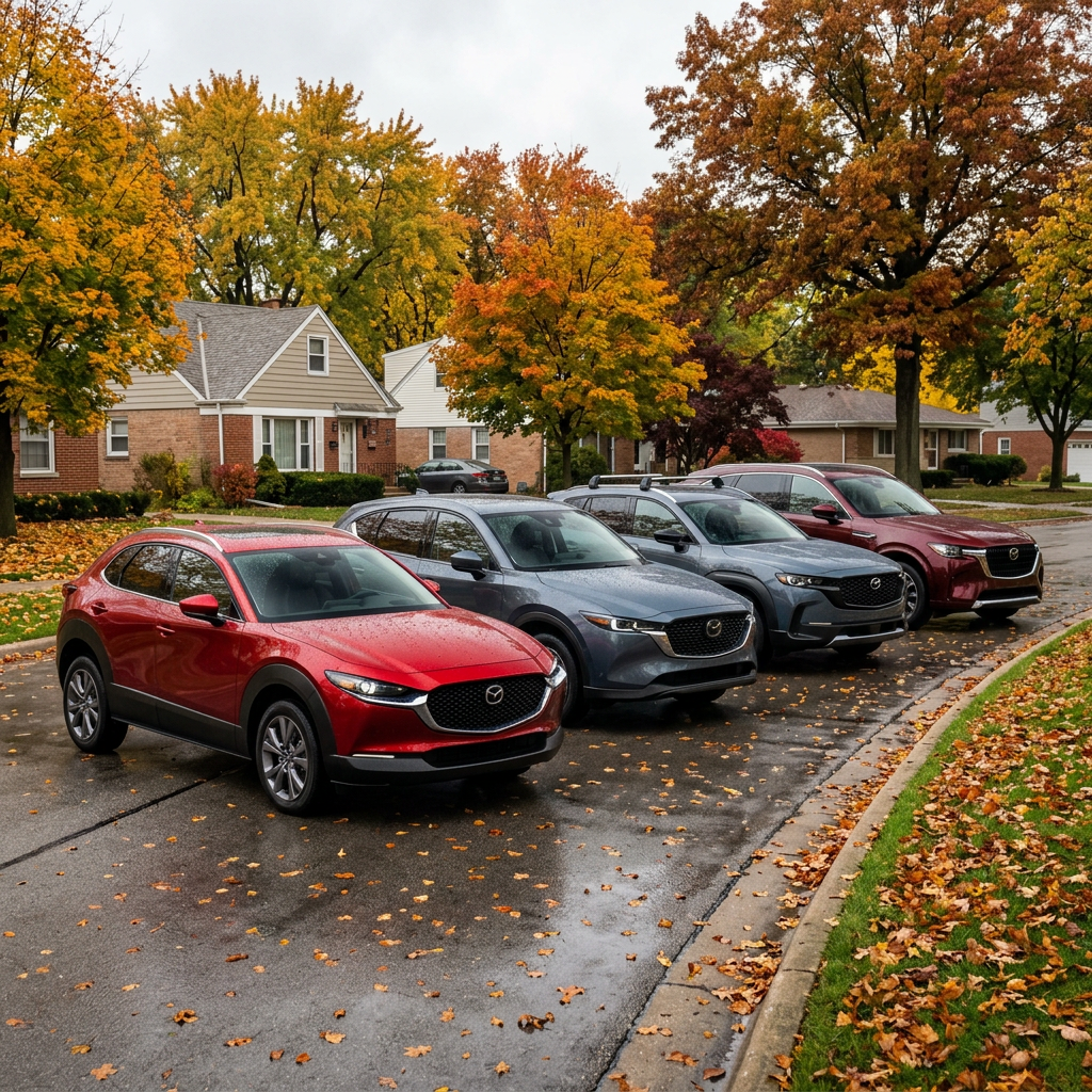Four Mazda SUVs parked in a row on a wet suburban street surrounded by colorful autumn trees and fallen leaves. (Representative image for illustration purposes only. Actual vehicle may vary based on trim and configuration.)