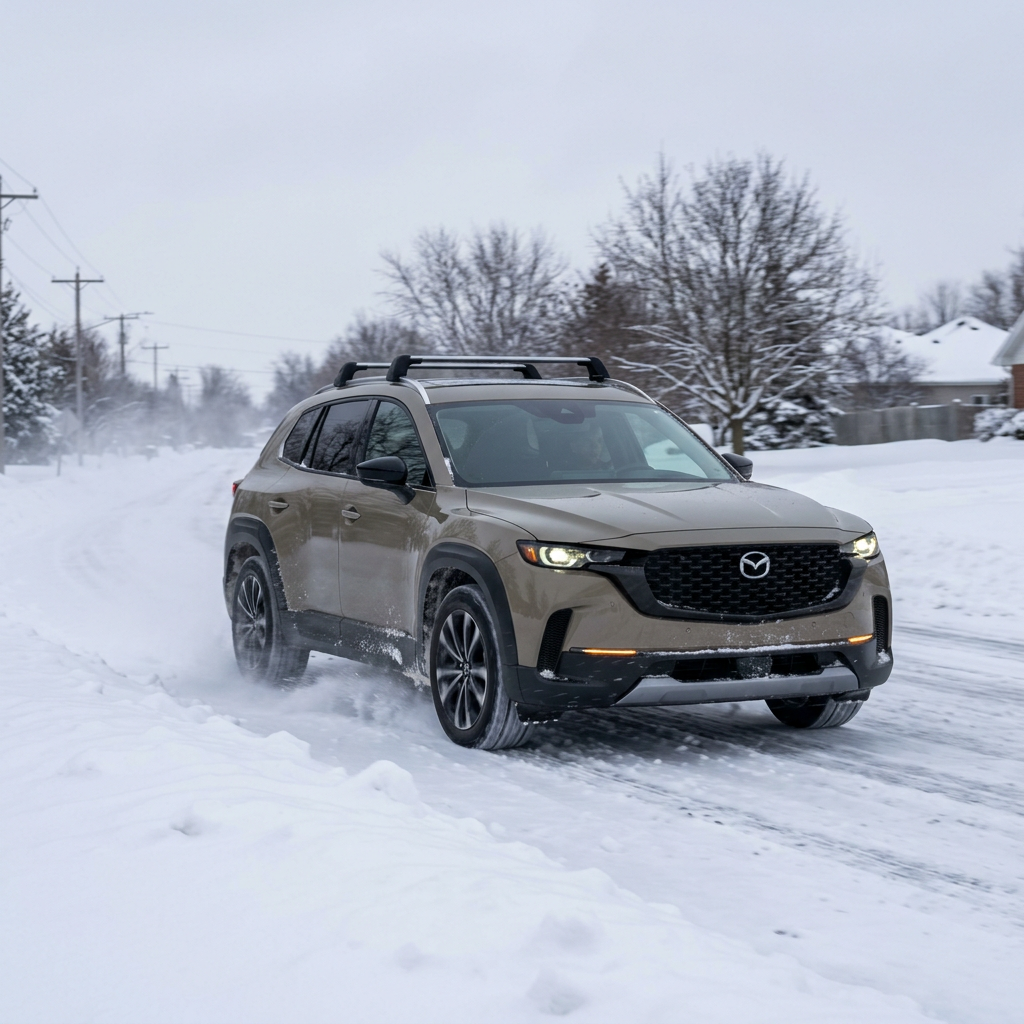 Tan Mazda CX-50 SUV driving on a snowy suburban road with roof crossbars installed. (Representative image for illustration purposes only. Actual vehicle may vary based on trim and configuration.)