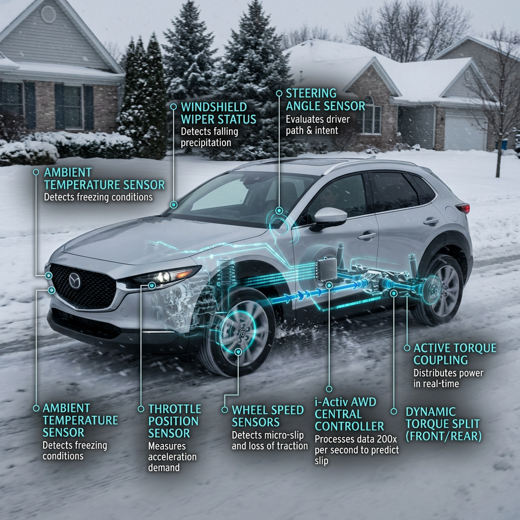 A silver Mazda SUV driving through snow with an illuminated graphic detailing its i-Activ AWD sensor network. (Representative image for illustration purposes only. Actual vehicle may vary based on trim and configuration.)