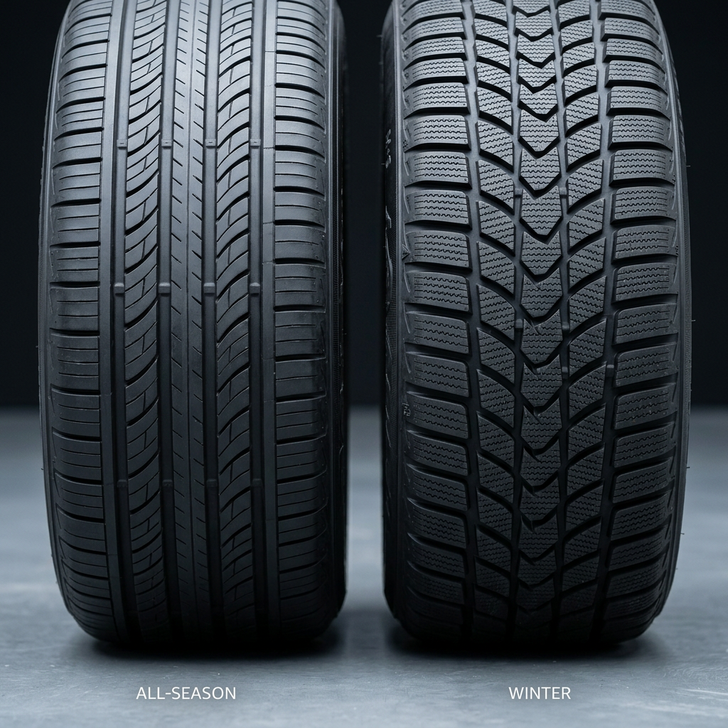 Side-by-side comparison of an all-season tire and a winter tire showing tread pattern differences. (Representative image for illustration purposes only. Actual vehicle may vary based on trim and configuration.)