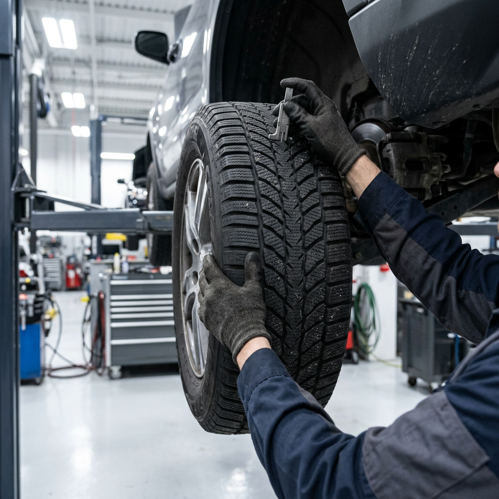 Auto mechanic using a gauge to measure tread depth on a car tire lifted inside a repair shop. (Representative image for illustration purposes only. Actual vehicle may vary based on trim and configuration.)