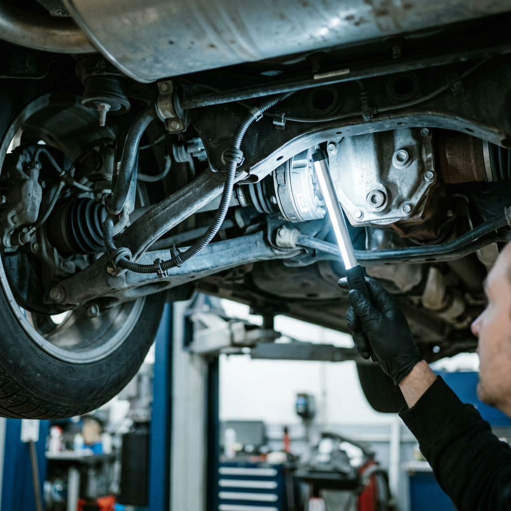 Mechanic holding an inspection light under a vehicle raised on a lift in an auto repair shop. (Representative image for illustration purposes only. Actual vehicle may vary based on trim and configuration.)