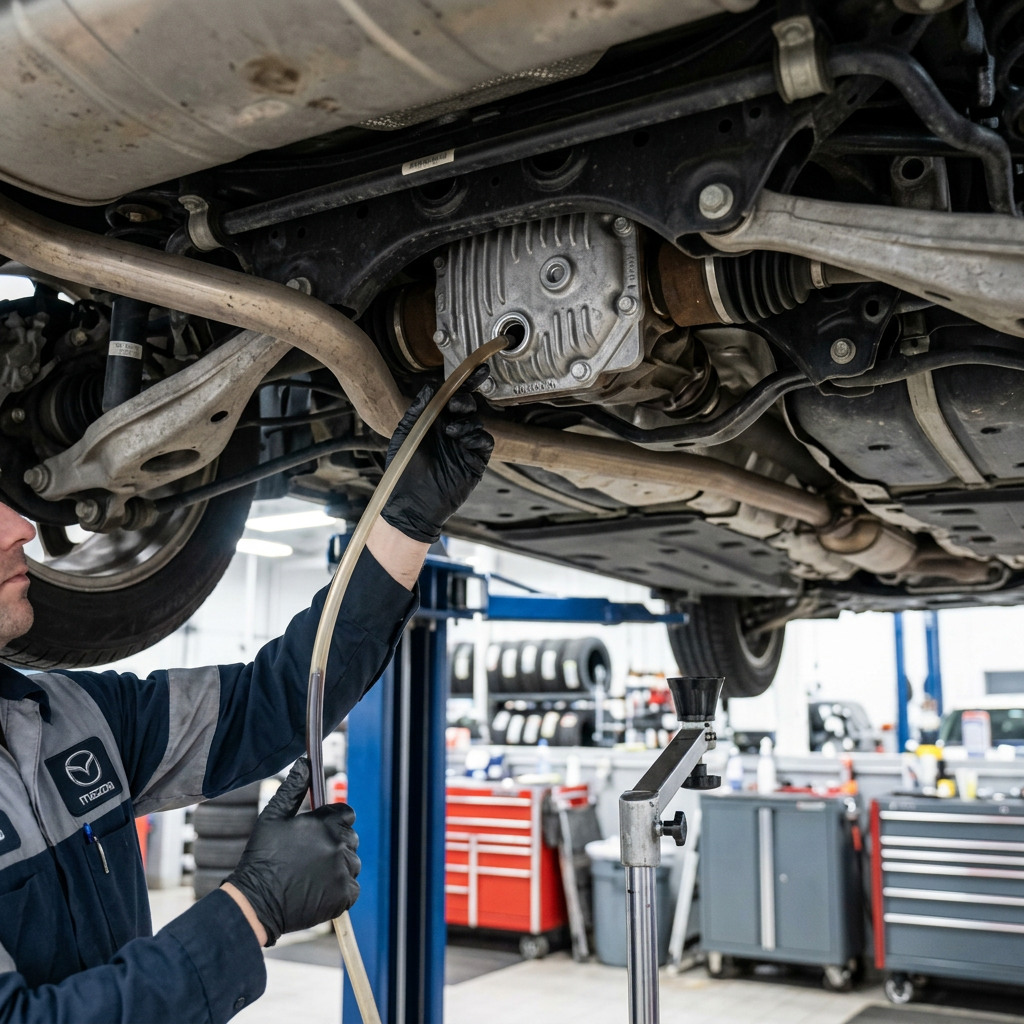 A mechanic wearing black gloves inserts a hose into a car's rear differential housing on a hydraulic lift. (Representative image for illustration purposes only. Actual vehicle may vary based on trim and configuration.)