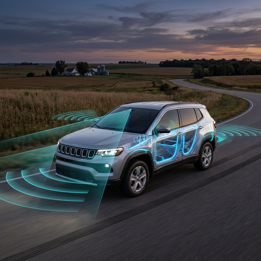 Silver Jeep SUV driving at dusk with glowing cyan graphics illustrating driver-assist radar and camera sensors. (Representative image for illustration purposes only. Actual vehicle may vary based on trim and configuration.)