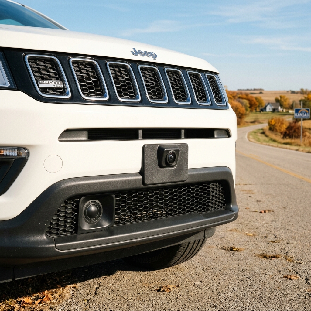 Front bumper of a white Jeep showing a forward-facing camera and radar sensor parked on a rural road. (Representative image for illustration purposes only. Actual vehicle may vary based on trim and configuration.)