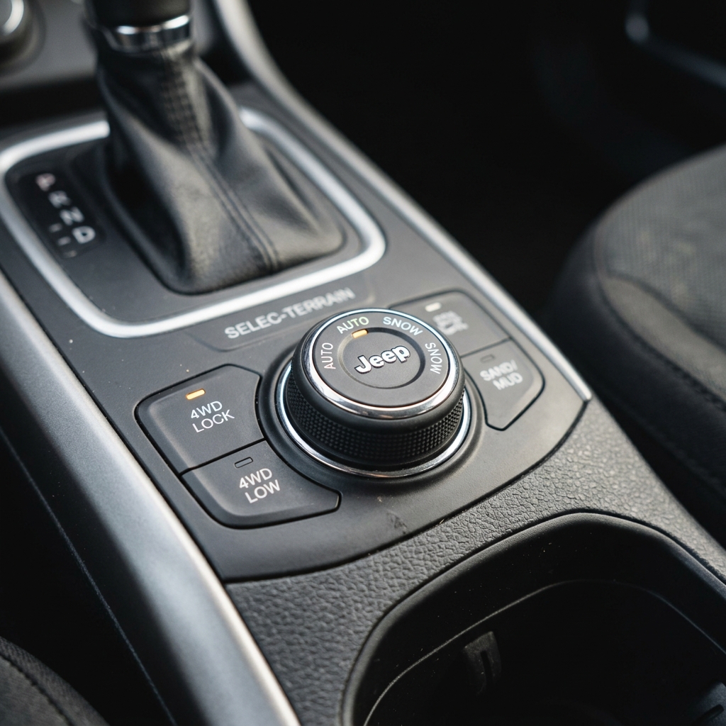 Close-up of a Jeep Selec-Terrain drive mode dial and 4WD control buttons on a car center console. (Representative image for illustration purposes only. Actual vehicle may vary based on trim and configuration.)