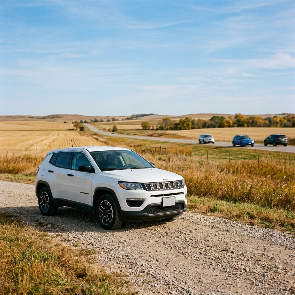 A white Jeep Compass SUV parked on a gravel country road with rolling golden hills and distant cars in the background. (Representative image for illustration purposes only. Actual vehicle may vary based on trim and configuration.)