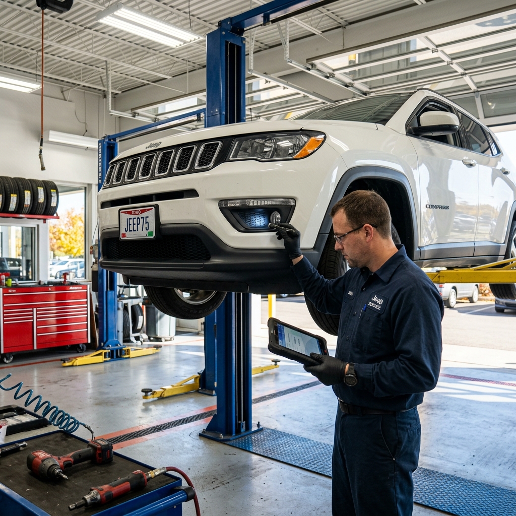 Mechanic inspecting a white Jeep Compass on a vehicle lift using a diagnostic tablet in a service bay. (Representative image for illustration purposes only. Actual vehicle may vary based on trim and configuration.)
