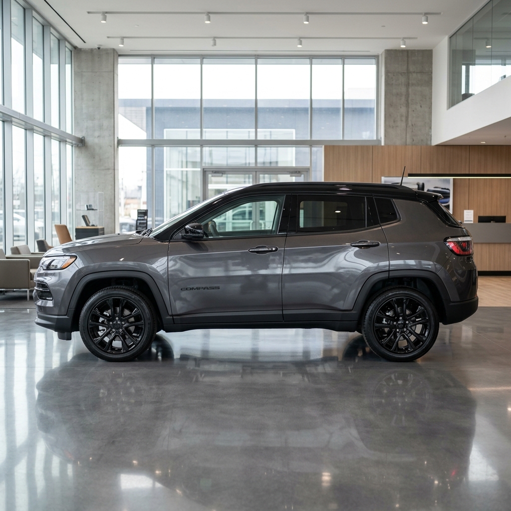 Side profile of a dark gray Jeep Compass with black wheels parked inside a modern car dealership showroom. (Representative image for illustration purposes only. Actual vehicle may vary based on trim and configuration.)