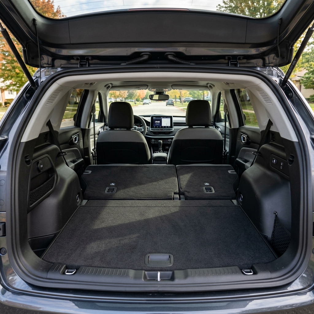 View inside an open SUV trunk showing a spacious carpeted cargo area with rear seats folded flat. (Representative image for illustration purposes only. Actual vehicle may vary based on trim and configuration.)