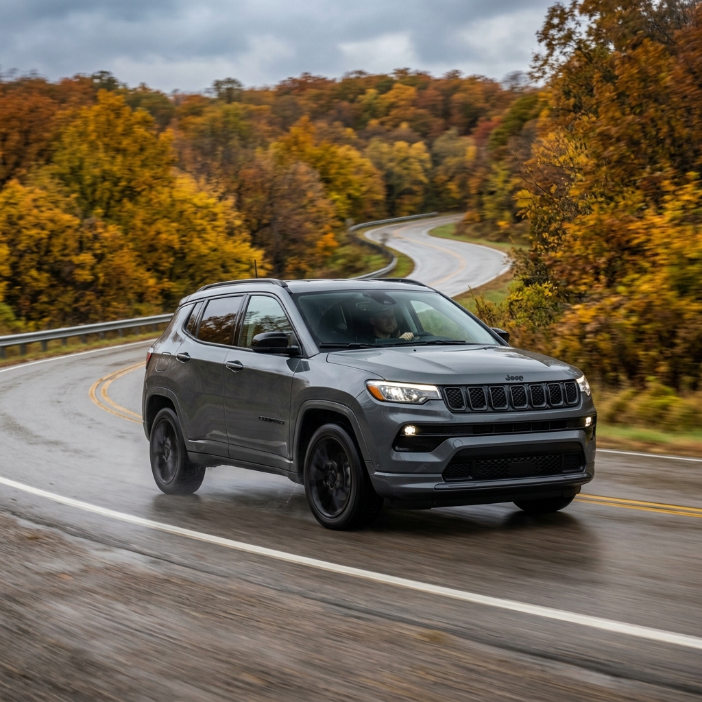 A grey Jeep SUV driving around a bend on a wet road surrounded by vibrant yellow and orange fall foliage. (Representative image for illustration purposes only. Actual vehicle may vary based on trim and configuration.)