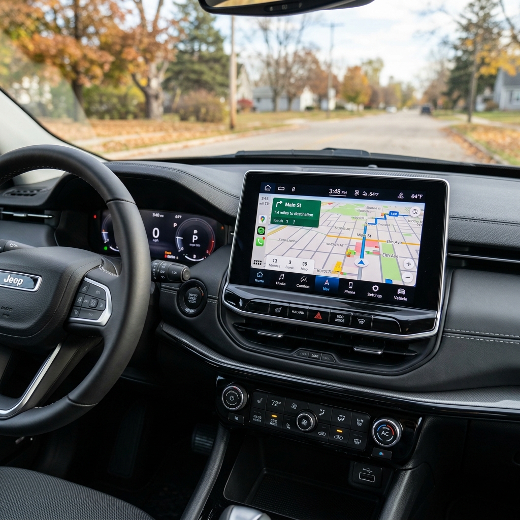 Dashboard of a Jeep displaying a digital navigation screen while parked on a suburban street in autumn. (Representative image for illustration purposes only. Actual vehicle may vary based on trim and configuration.)