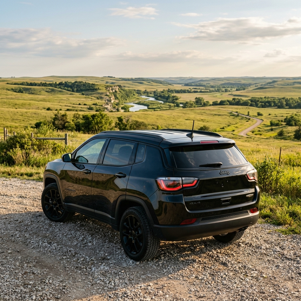 Black Jeep Compass parked on a gravel road overlooking scenic rolling green hills and a winding river. (Representative image for illustration purposes only. Actual vehicle may vary based on trim and configuration.)
