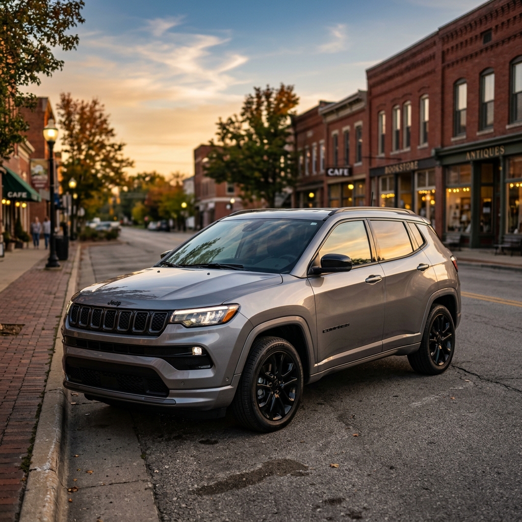 Silver Jeep Compass SUV parked along a historic brick main street during golden hour sunset. (Representative image for illustration purposes only. Actual vehicle may vary based on trim and configuration.)