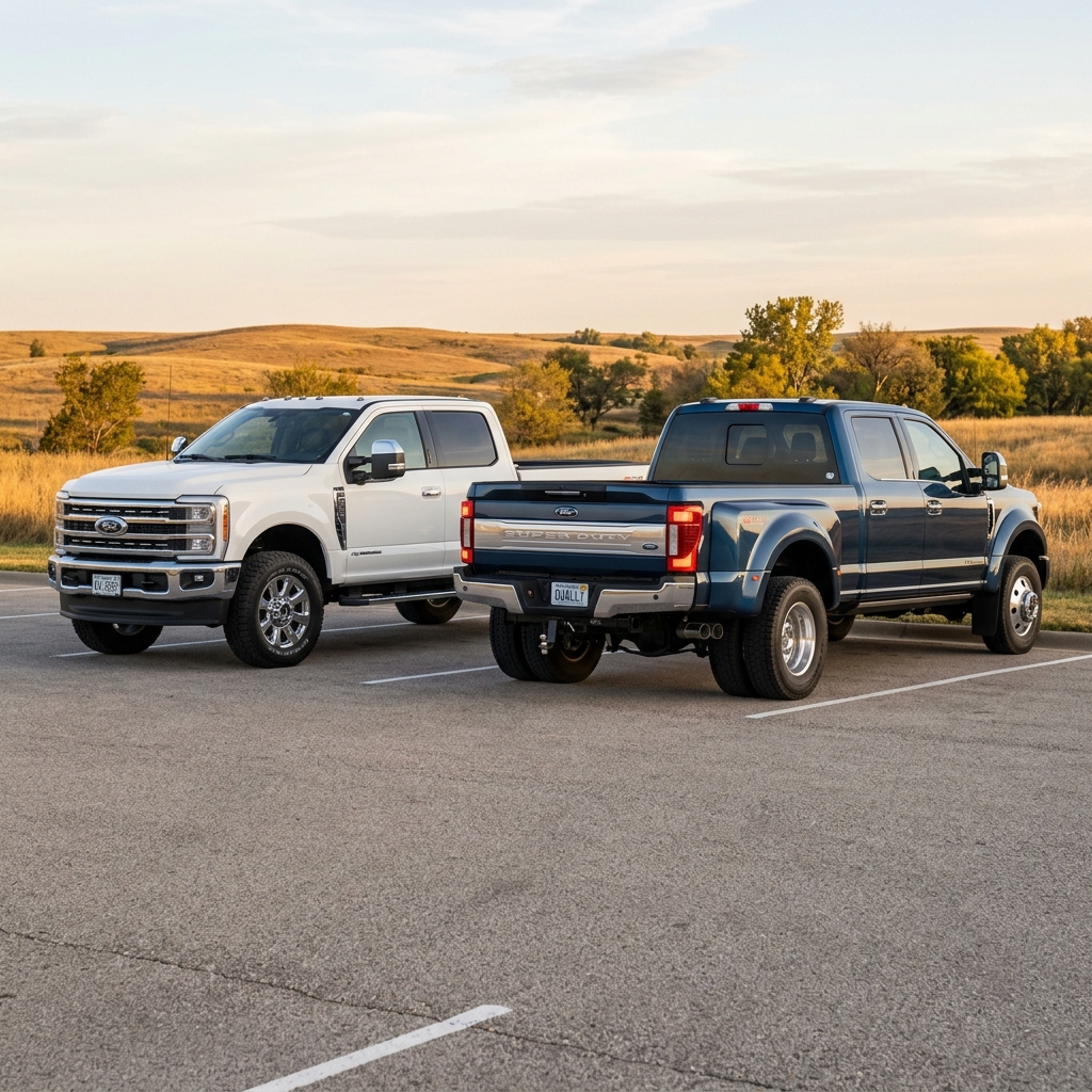 A white Ford Super Duty truck and a dark blue dually Ford Super Duty truck parked side by side in a paved lot. (Representative image for illustration purposes only. Actual vehicle may vary based on trim and configuration.)