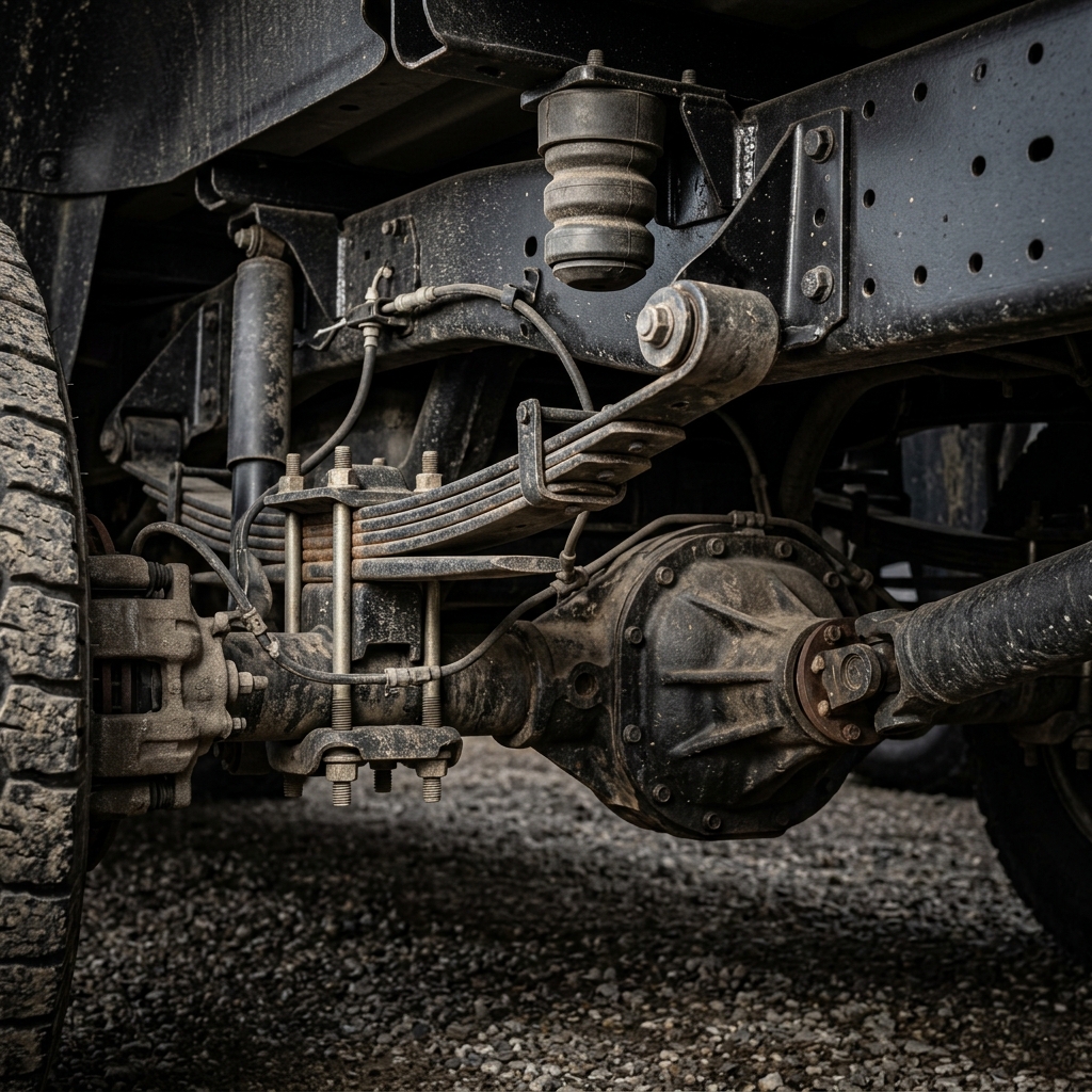 Underbody view of a heavy-duty truck suspension featuring leaf springs, rear differential, and drive shaft. (Representative image for illustration purposes only. Actual vehicle may vary based on trim and configuration.)