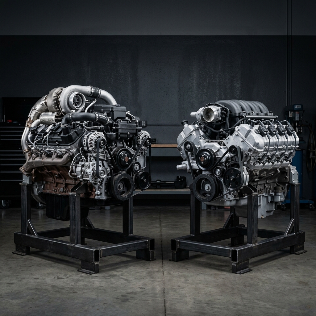 Two large automotive V8 engines displayed side by side on dark steel mounting stands in a workshop. (Representative image for illustration purposes only. Actual vehicle may vary based on trim and configuration.)