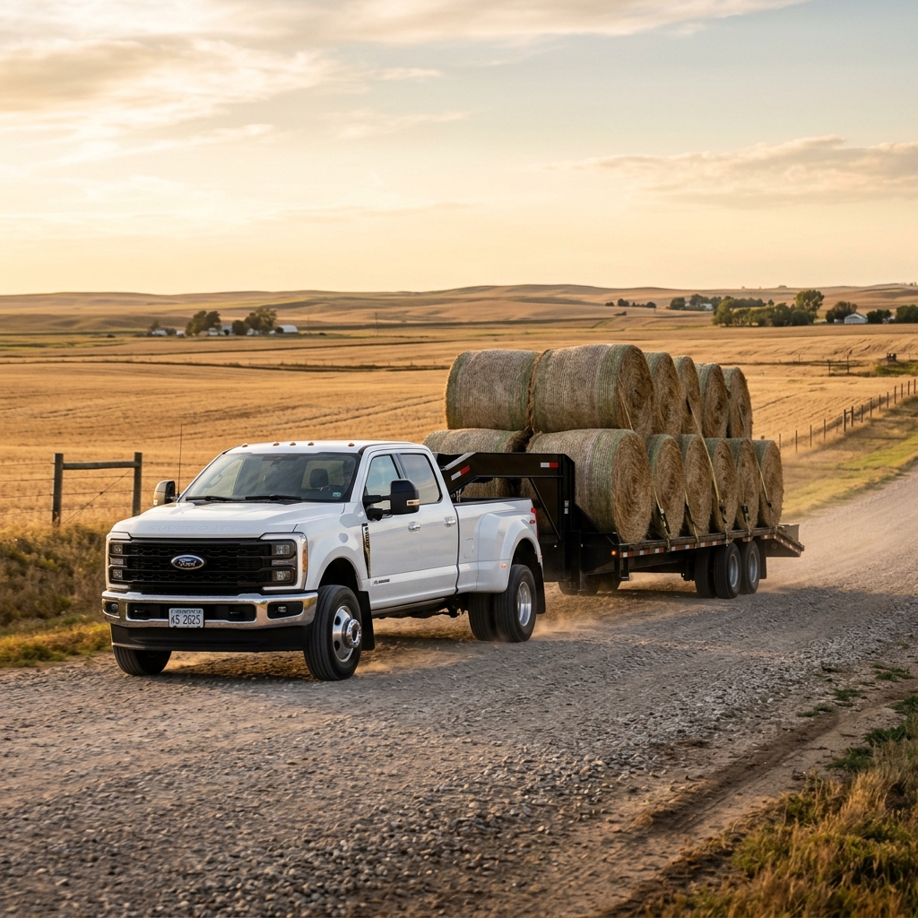 White Ford Super Duty dually truck driving down a dirt road towing a trailer stacked with large round hay bales. (Representative image for illustration purposes only. Actual vehicle may vary based on trim and configuration.)