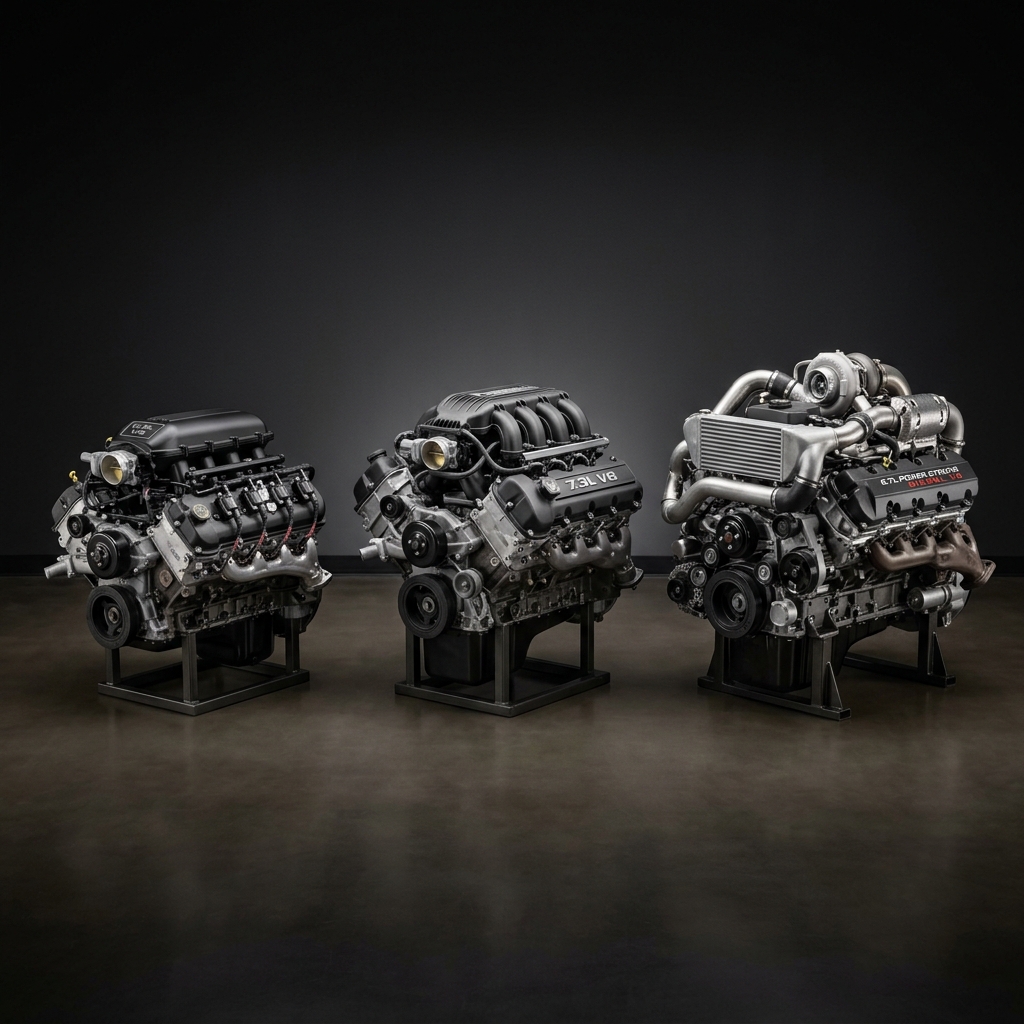 Three Ford V8 truck engines displayed side-by-side on stands against a dark studio background. (Representative image for illustration purposes only. Actual vehicle may vary based on trim and configuration.)