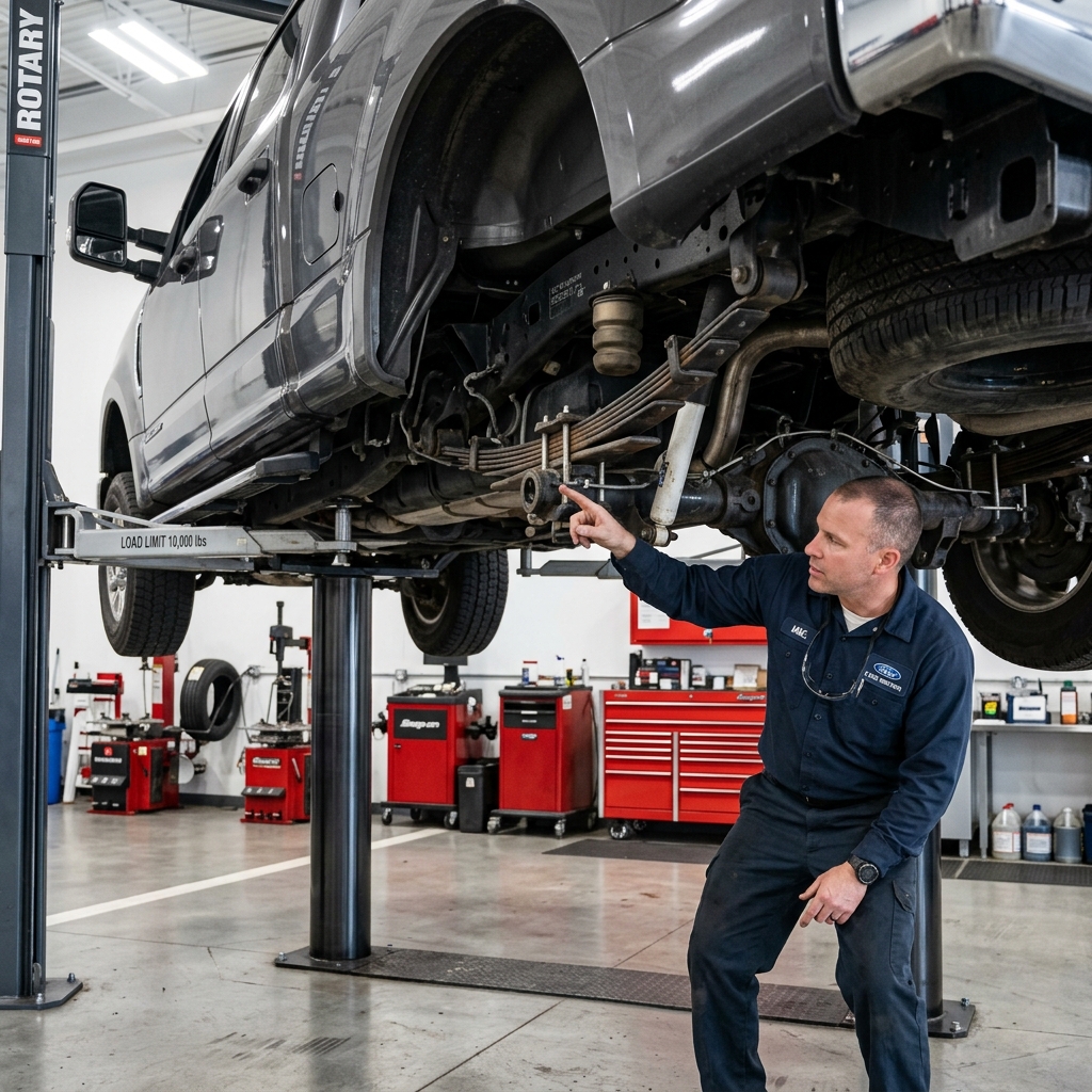 An auto mechanic points to the rear suspension of a pickup truck raised on a hydraulic lift inside a garage. (Representative image for illustration purposes only. Actual vehicle may vary based on trim and configuration.)
