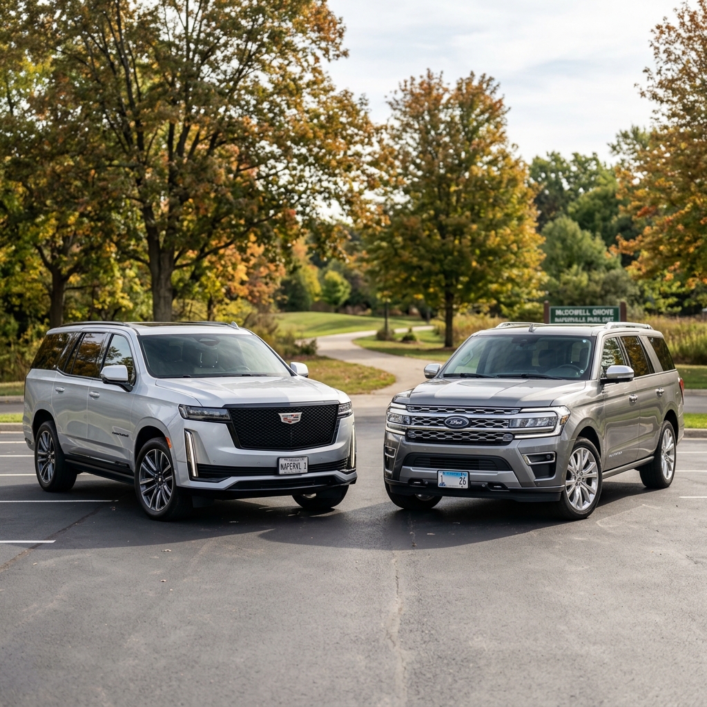 Silver Cadillac Escalade and grey Ford Expedition SUVs parked side by side in a paved park lot in autumn. (Representative image for illustration purposes only. Actual vehicle may vary based on trim and configuration.)