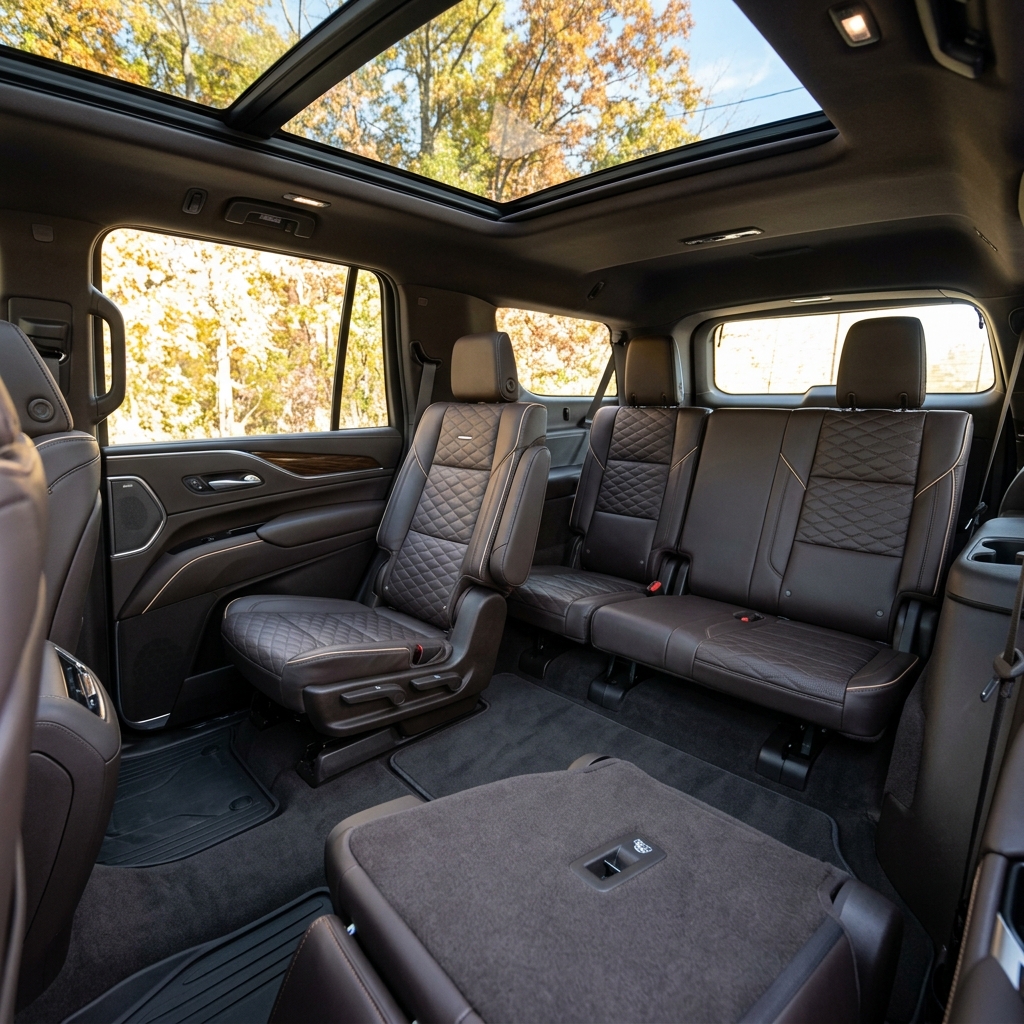 Spacious luxury SUV interior featuring quilted dark brown leather seats, a panoramic sunroof, and flexible three-row seating. (Representative image for illustration purposes only. Actual vehicle may vary based on trim and configuration.)