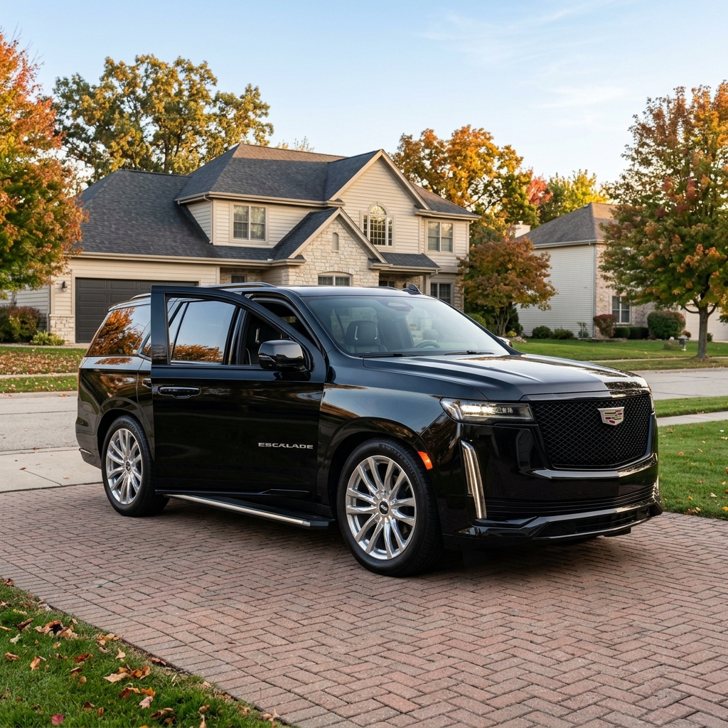 Black Cadillac Escalade luxury SUV parked on a brick driveway in front of a suburban home during autumn. (Representative image for illustration purposes only. Actual vehicle may vary based on trim and configuration.)