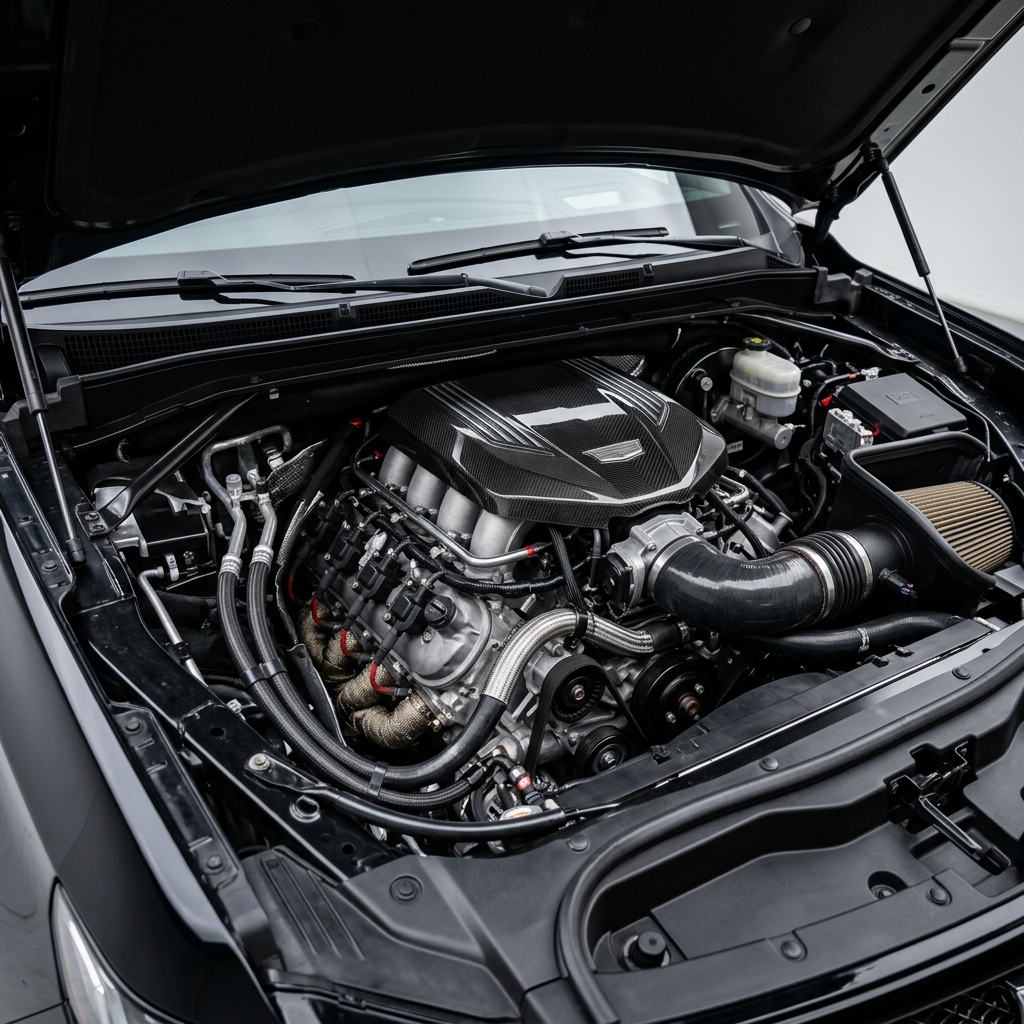 Open hood revealing a modified Cadillac V8 engine with a carbon fiber cover and an aftermarket cold air intake. (Representative image for illustration purposes only. Actual vehicle may vary based on trim and configuration.)