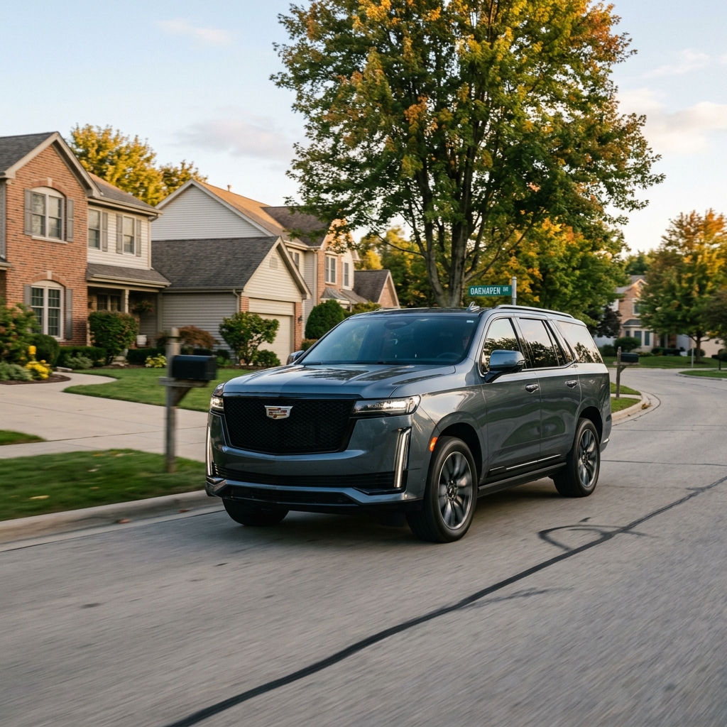 A dark grey Cadillac Escalade driving along a quiet residential street lined with suburban homes and trees. (Representative image for illustration purposes only. Actual vehicle may vary based on trim and configuration.)