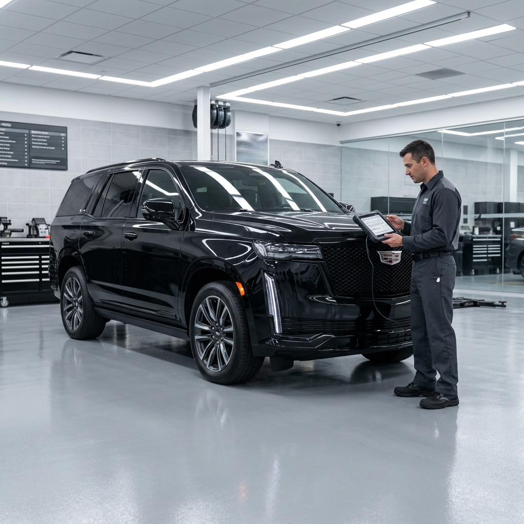 Automotive technician holding a diagnostic tablet beside a black Cadillac SUV inside a modern service center. (Representative image for illustration purposes only. Actual vehicle may vary based on trim and configuration.)