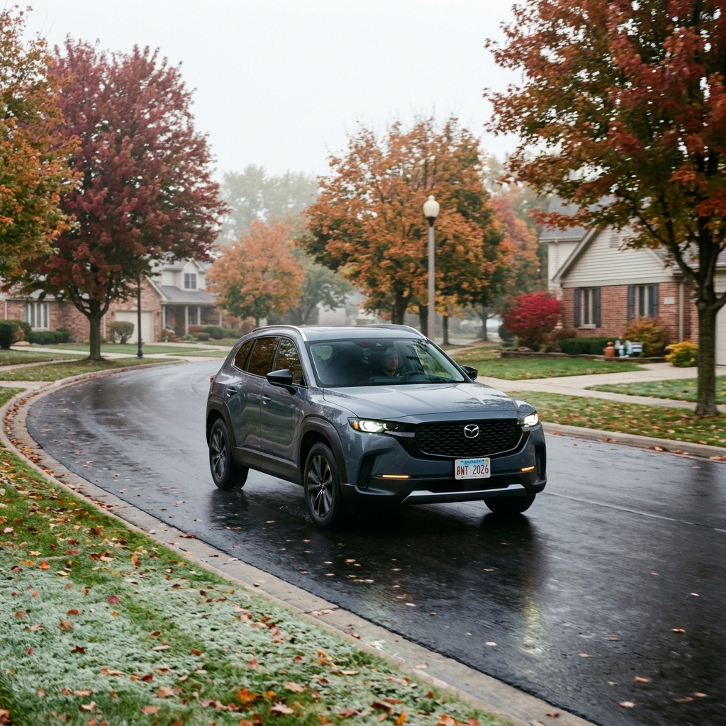 Grey Mazda SUV driving around a curved wet suburban road surrounded by colorful autumn trees. (Representative image for illustration purposes only. Actual vehicle may vary based on trim and configuration.)