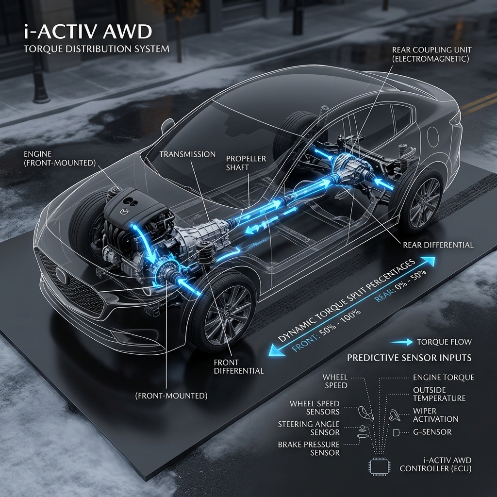 Cutaway diagram of a car illustrating Mazda's i-ACTIV AWD drivetrain components and torque distribution flow. (Representative image for illustration purposes only. Actual vehicle may vary based on trim and configuration.)