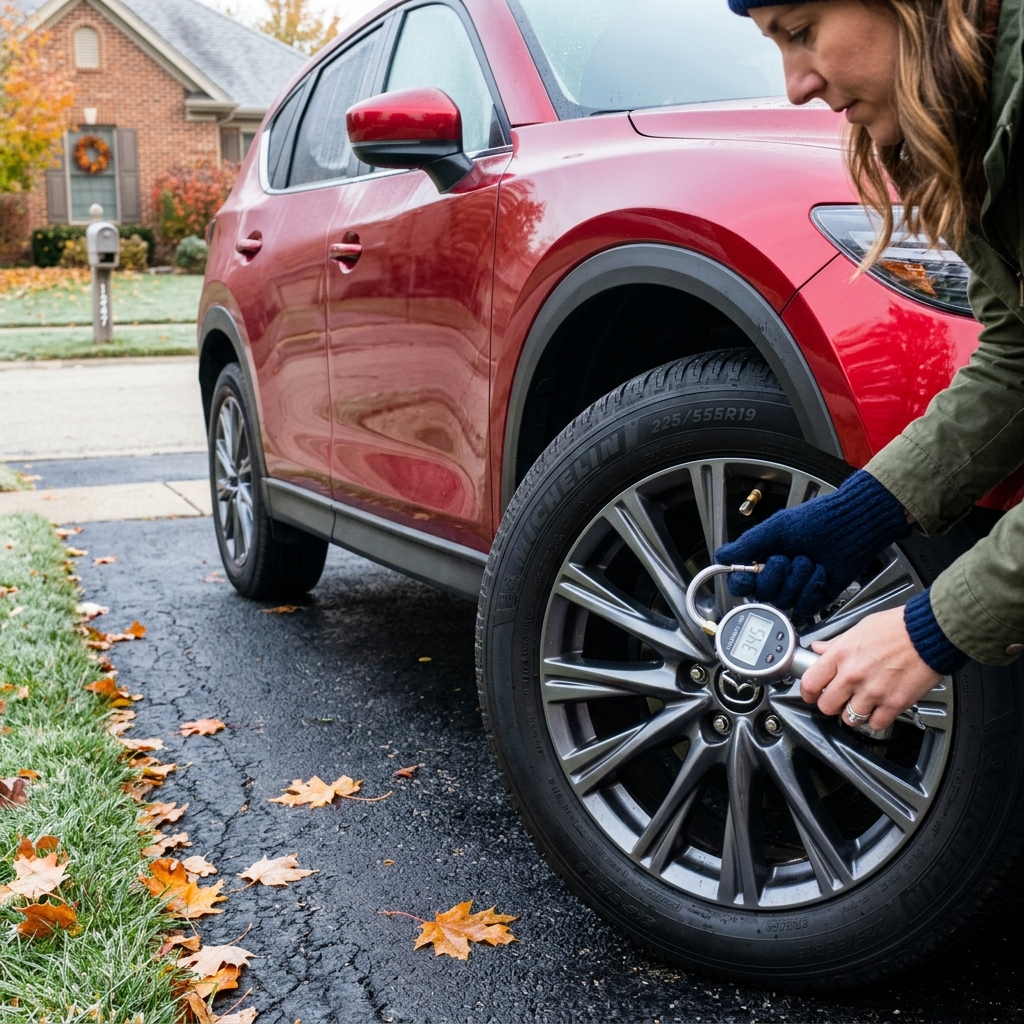 A woman using a digital tire pressure gauge on the front wheel of a red car parked on a suburban driveway. (Representative image for illustration purposes only. Actual vehicle may vary based on trim and configuration.)