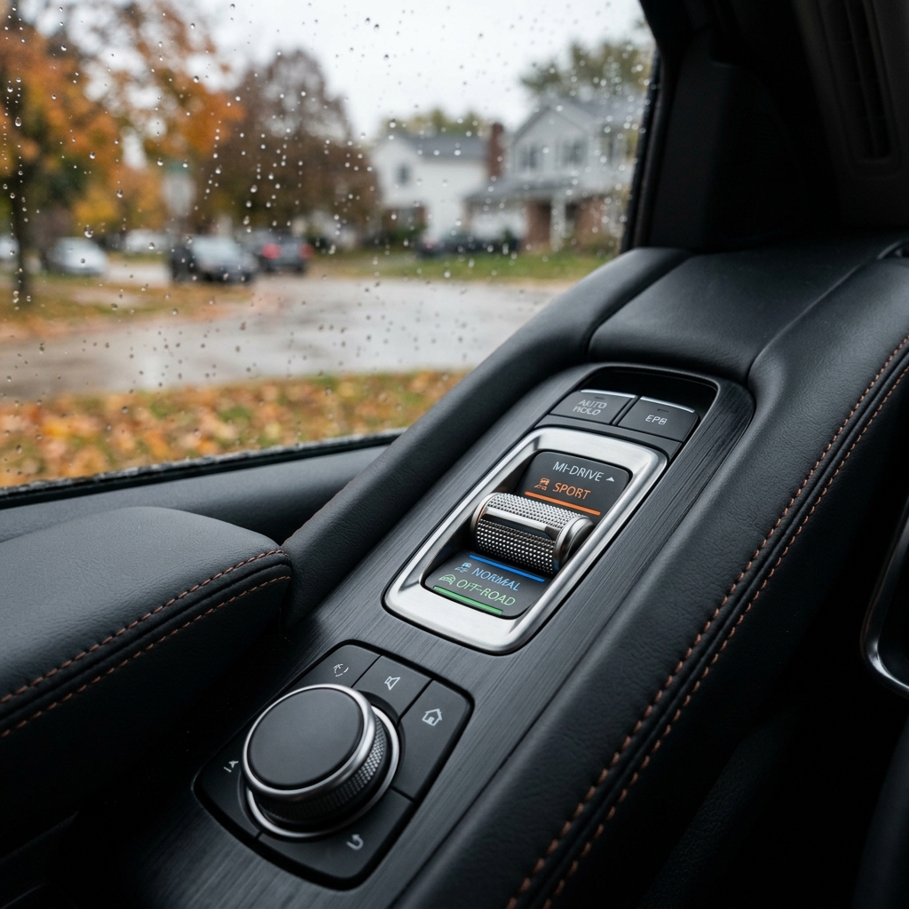 Car center console with a metallic drive mode switch next to a rain-covered window showing autumn foliage. (Representative image for illustration purposes only. Actual vehicle may vary based on trim and configuration.)