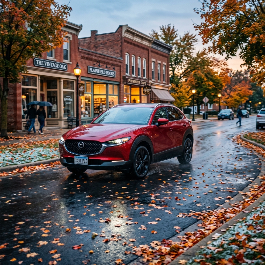 Red Mazda CX-30 SUV driving down a wet, leaf-covered street in front of autumn brick storefronts. (Representative image for illustration purposes only. Actual vehicle may vary based on trim and configuration.)