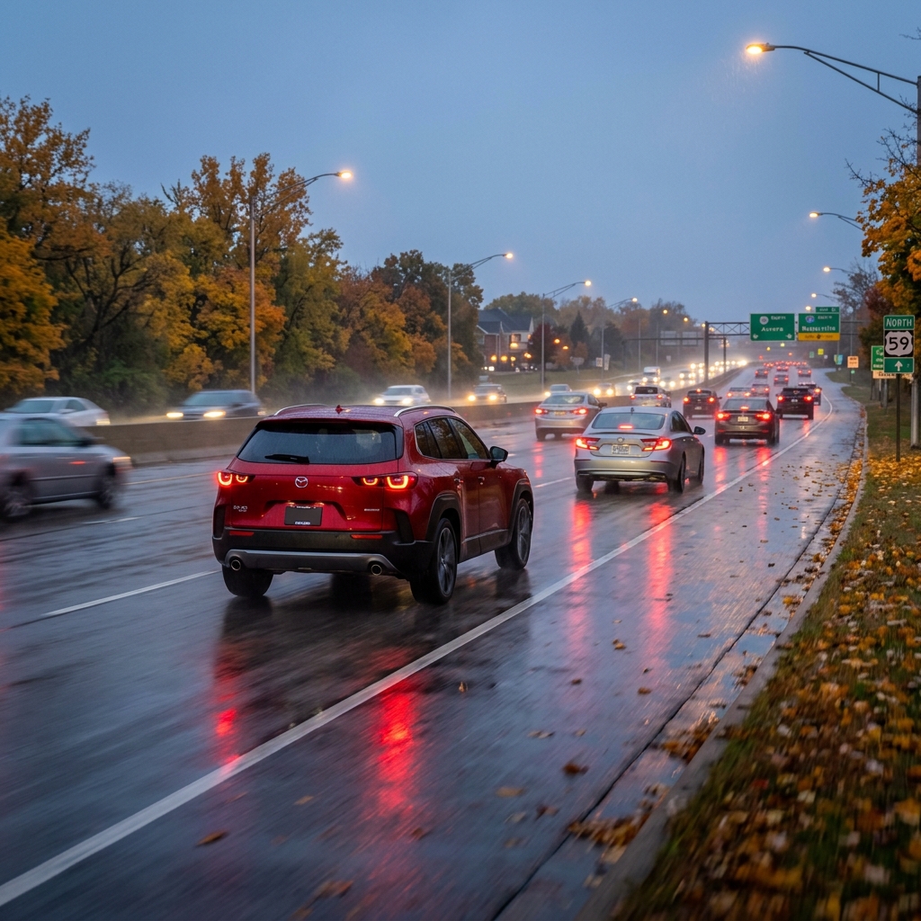 A red SUV driving on a wet multi-lane highway at dusk with tail lights reflecting on the slick pavement. (Representative image for illustration purposes only. Actual vehicle may vary based on trim and configuration.)