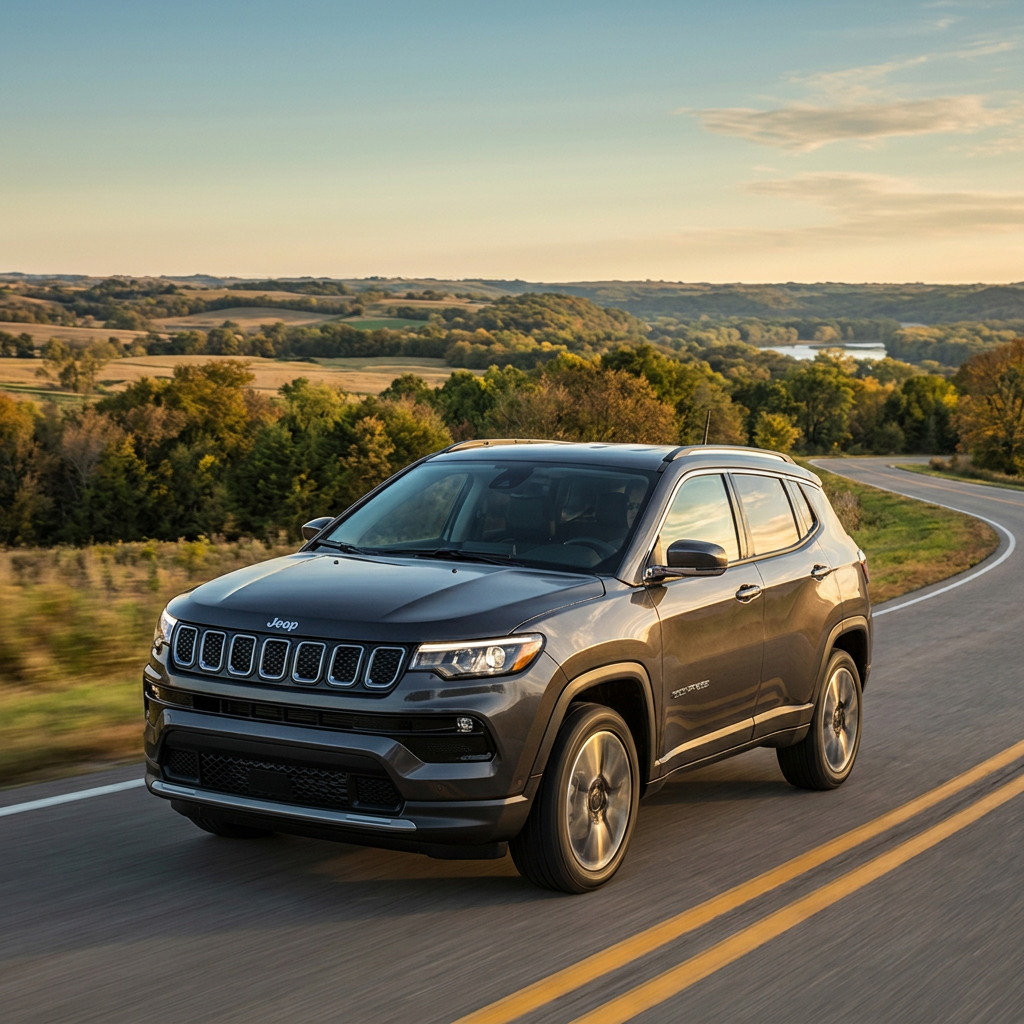 A dark grey Jeep SUV driving along a winding asphalt road through a scenic rural landscape at sunset. (Representative image for illustration purposes only. Actual vehicle may vary based on trim and configuration.)