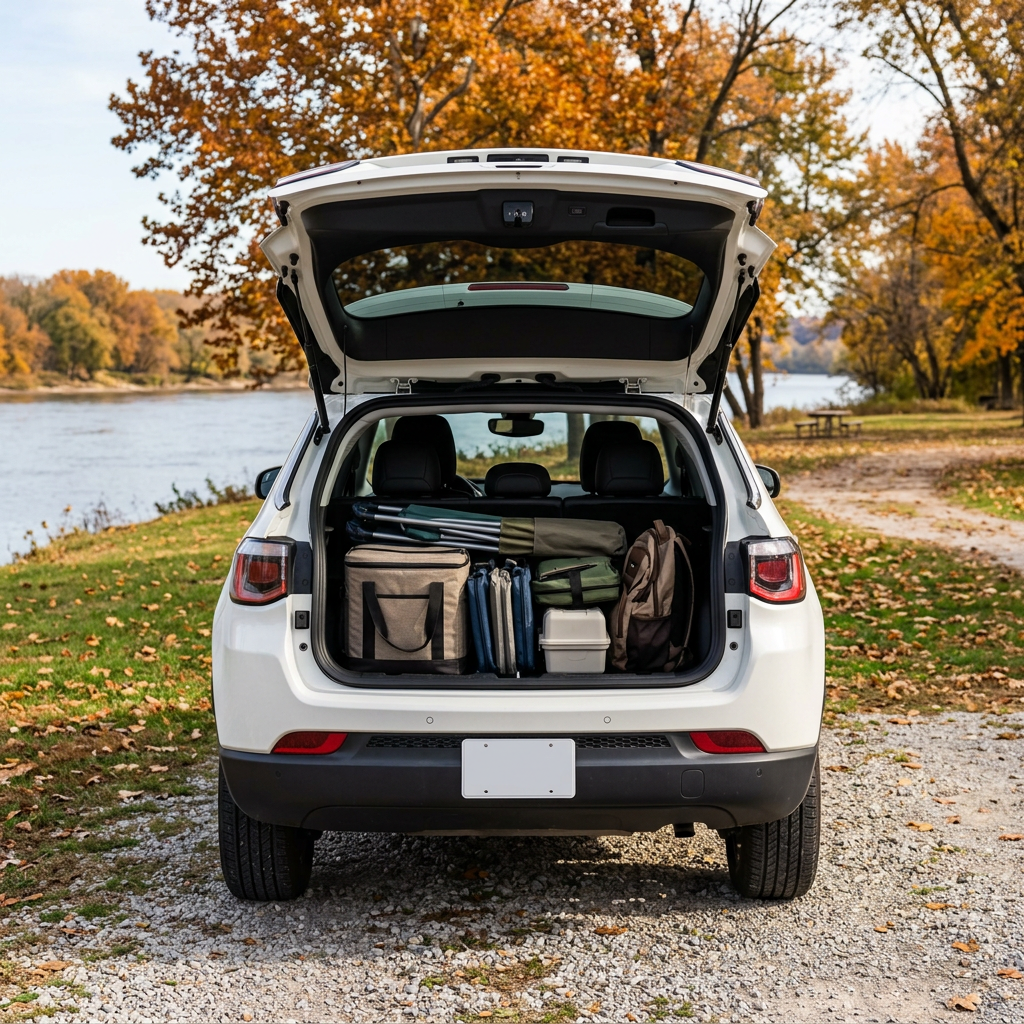 Rear view of a white SUV with an open trunk neatly packed with camping gear, cooler, and backpack by a river in fall. (Representative image for illustration purposes only. Actual vehicle may vary based on trim and configuration.)