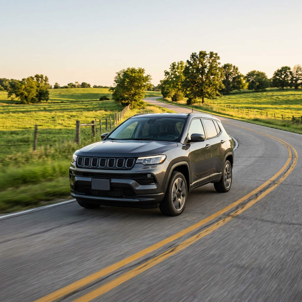 Dark grey Jeep SUV driving along a winding asphalt road through green rolling hills in the countryside. (Representative image for illustration purposes only. Actual vehicle may vary based on trim and configuration.)