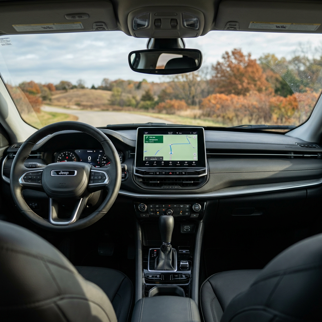 View from inside a Jeep showing the steering wheel, touchscreen map navigation, and an autumn country road ahead. (Representative image for illustration purposes only. Actual vehicle may vary based on trim and configuration.)