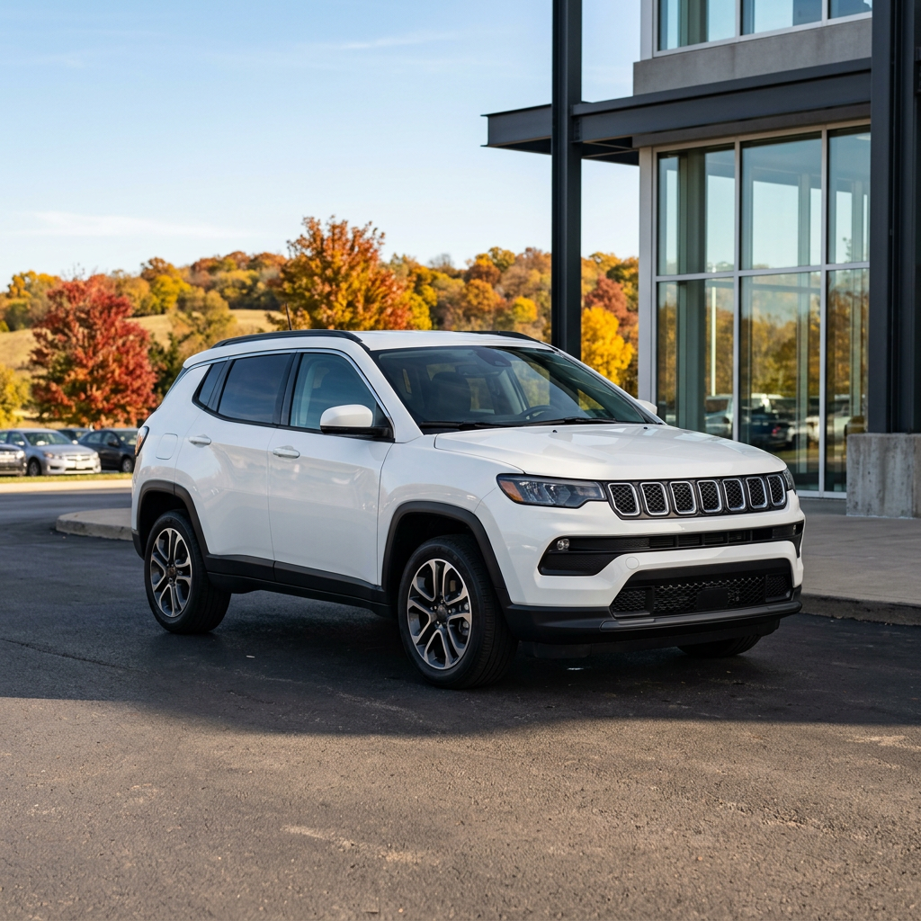 White Jeep Compass SUV parked in front of a modern glass building with vibrant autumn trees in the background. (Representative image for illustration purposes only. Actual vehicle may vary based on trim and configuration.)