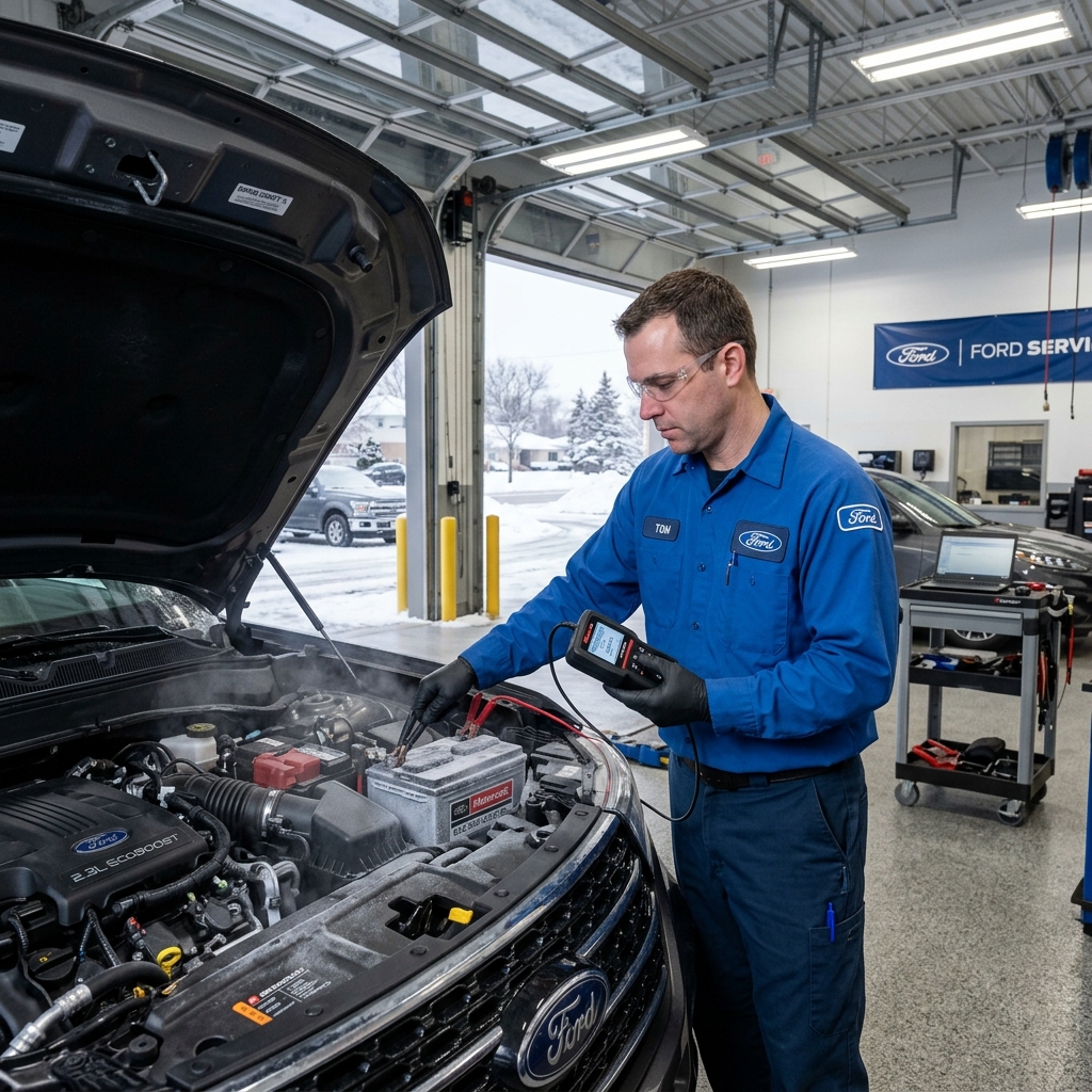 A Ford service technician in a blue uniform uses a handheld diagnostic tool on a car battery in a repair bay. (Representative image for illustration purposes only. Actual vehicle may vary based on trim and configuration.)